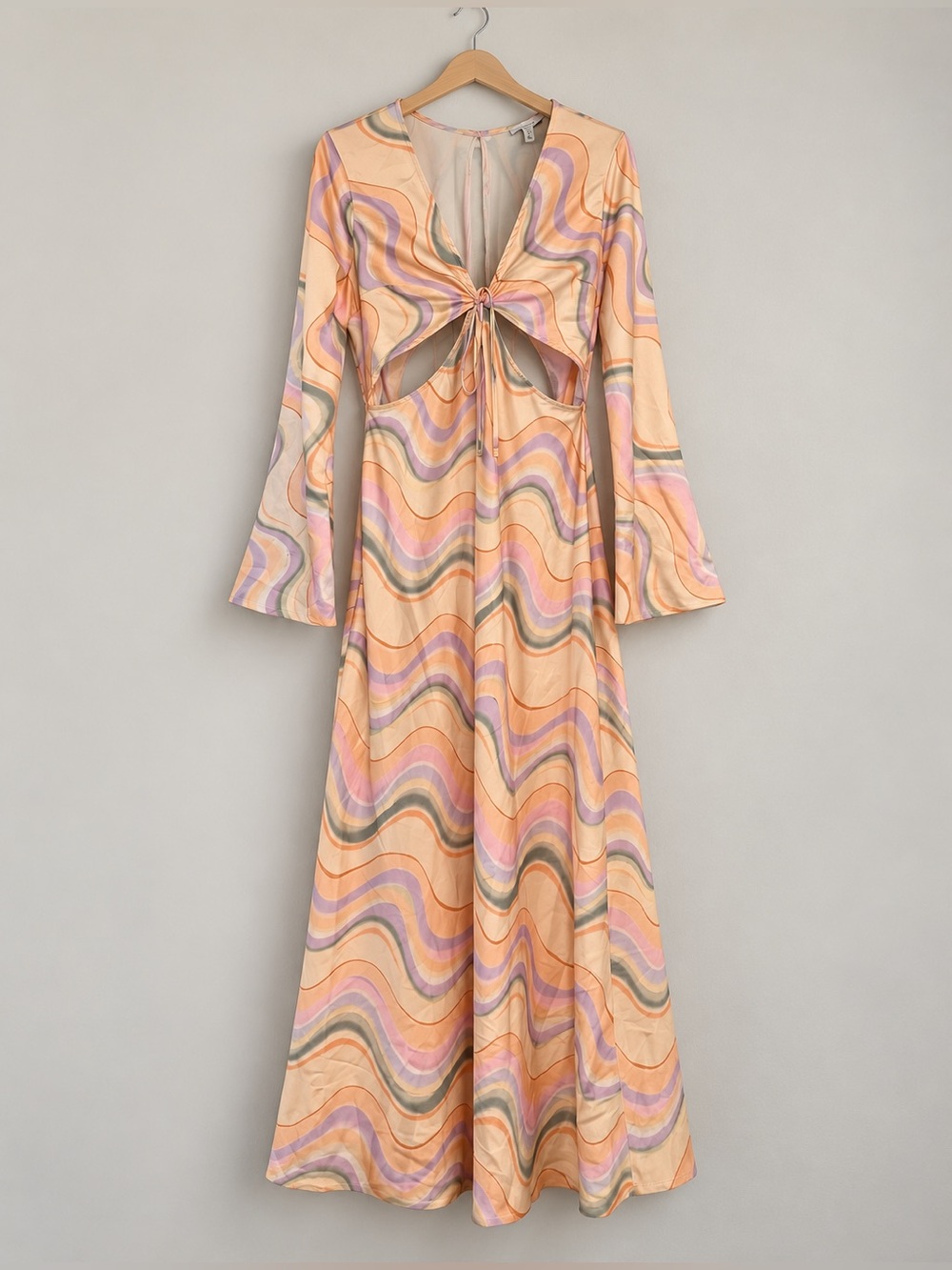 Topshop Cream Swirl Wave Print Cutout Front Tie Satin Maxi Dress EUC 8 #2700